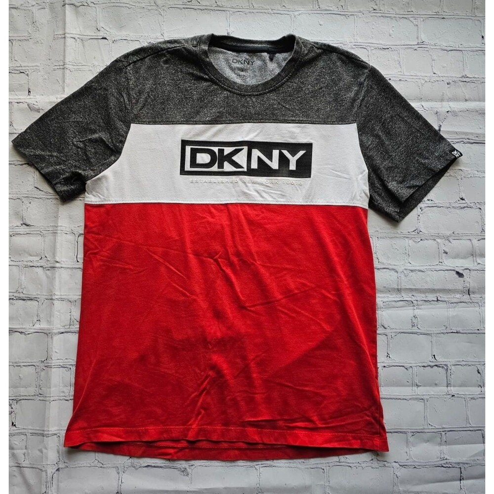DKNY Colorblock Logo T-Shirt S‎ Pre-Owned Gray White Red Short Sleeve